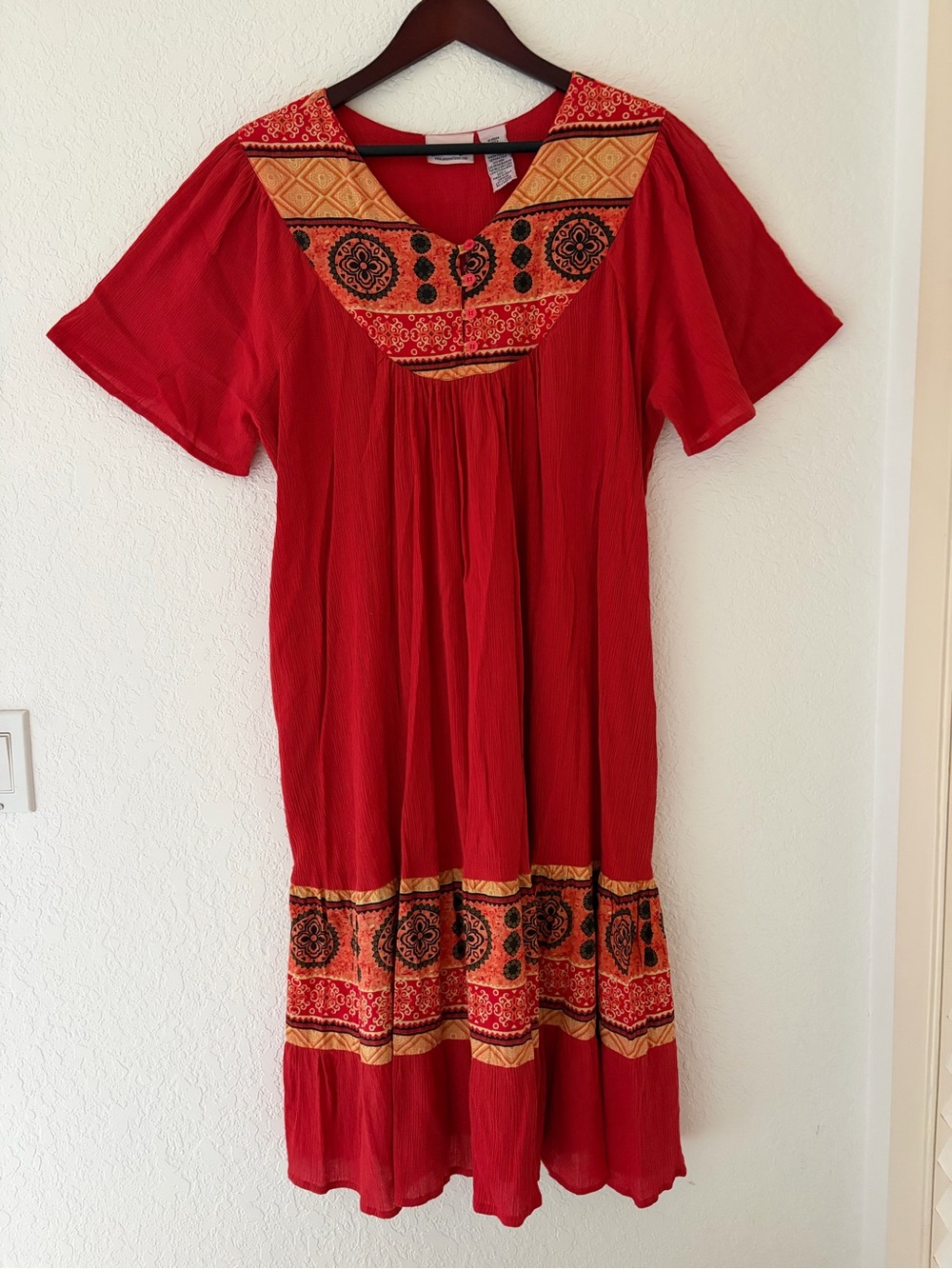 National Santa Fe Border Print Tiered Midi Mumu House Dress Crinkle Gauze Sz L